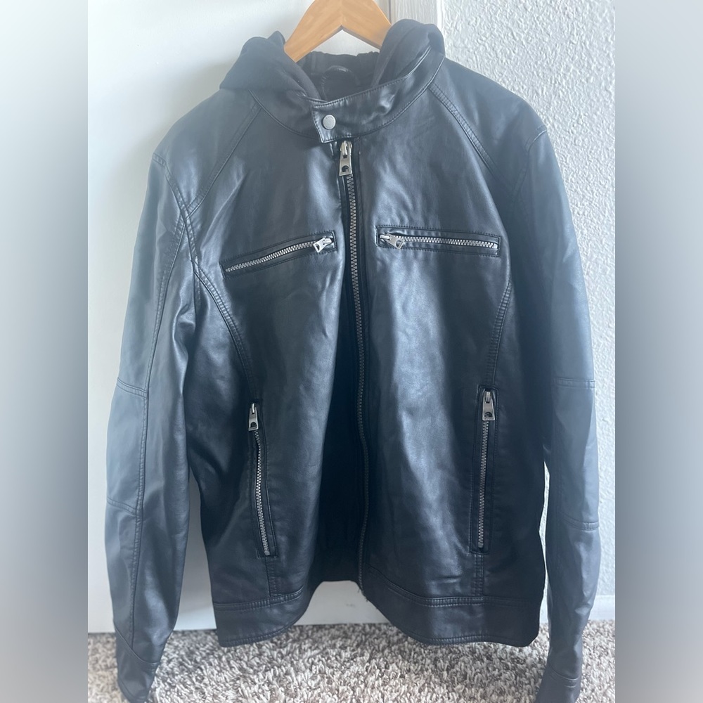 Men's Faux-Leather Detachable-Hood Motorcycle Jacket